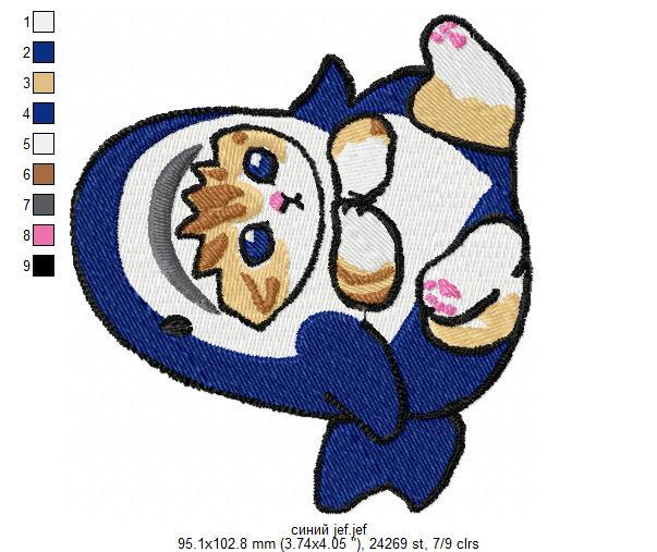 Cute Cat Wearing Blue Baby Shark Costume Embroidery Design
