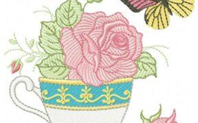 Coffee Cup Pink Flower Butterfly Free Embroidery Design