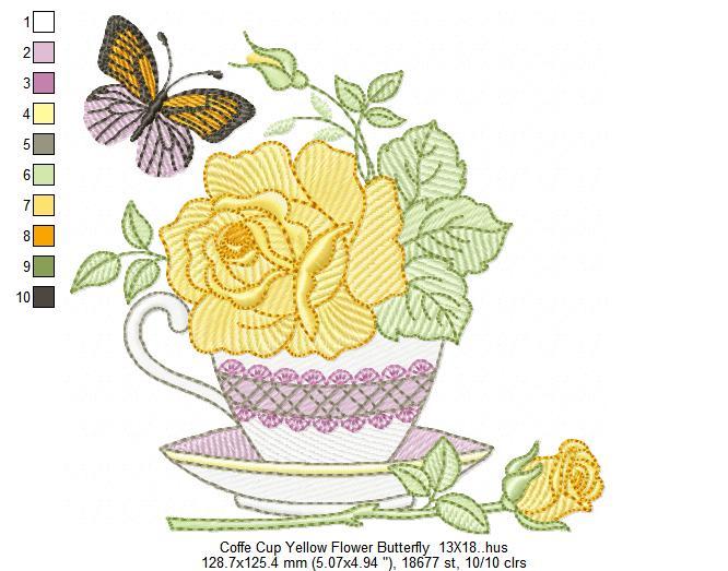 Coffee Cup Yellow Flower Butterfly Free Embroidery Design