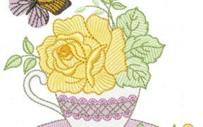 Coffee Cup Yellow Flower Butterfly Free Embroidery Design