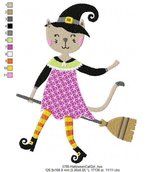 Halloween Cat Girl Witch Free Embroidery Design