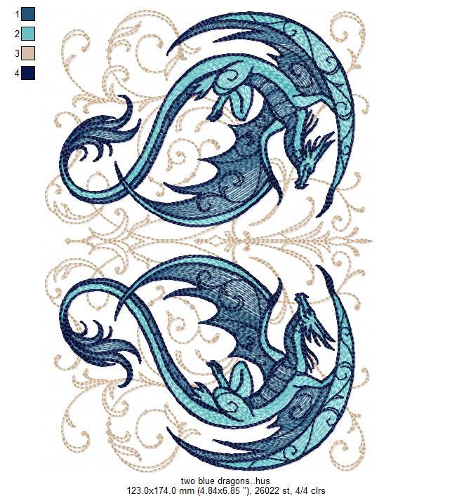 Two Blue Dragons Free Embroidery Design